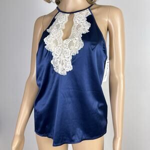 Oh La La Cheri Satin Camisole Cream Lace Flutter Open Back Halter Large New NWT